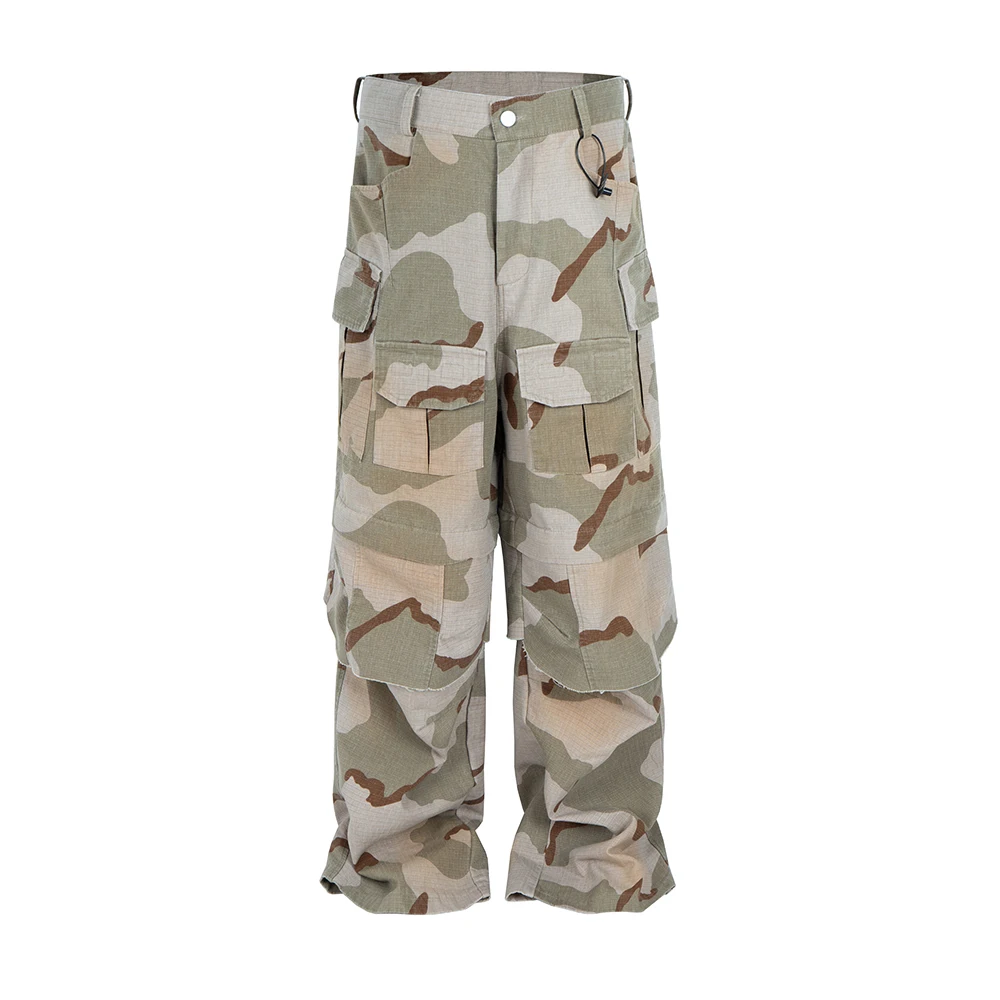 ハイストリートマルチポケット迷彩カーゴパンツ男性用ストレートパッチワークルーズオーバーオール特大ロパオンブレズボン