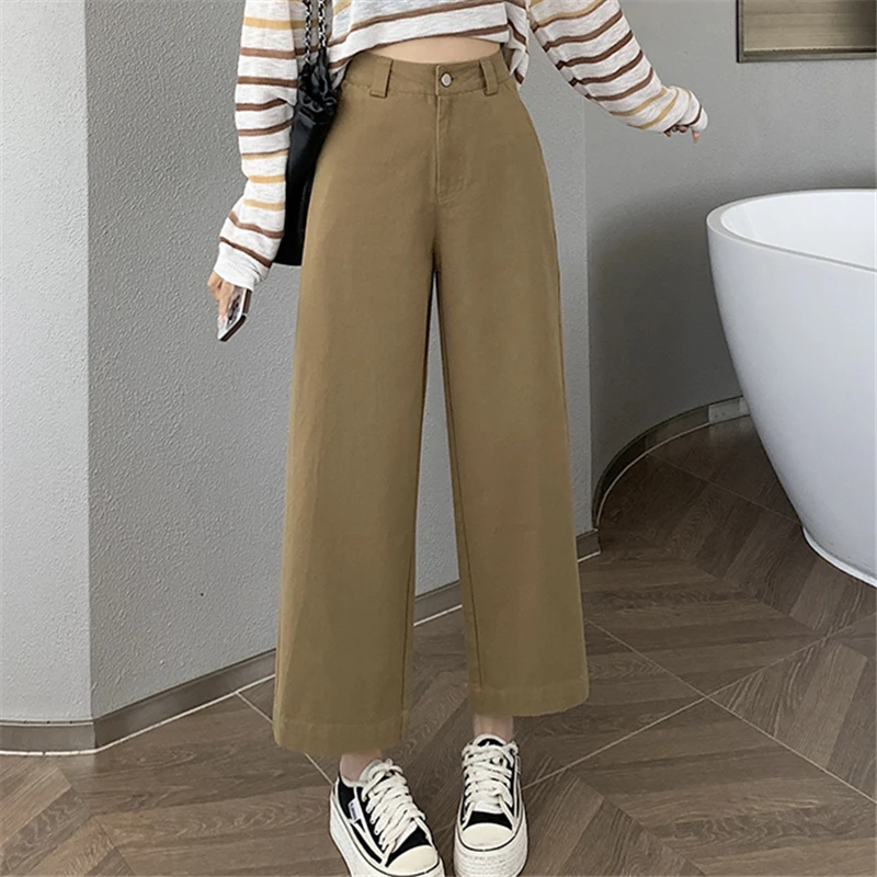 Seoulish Autumn New Ankle Length Women\'s Pants High Waist Straight Wide Leg Pants for Women Casual Lady Cotton and Linen Pants