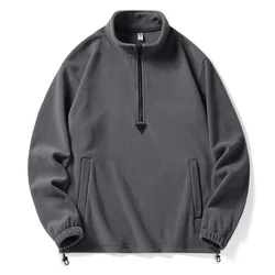 2023 Men's Autumn and Winter Pullover Stand Neck Splicing Zipper Solid Color Pocket Loose and Versatile Long Sleeved Jacket
