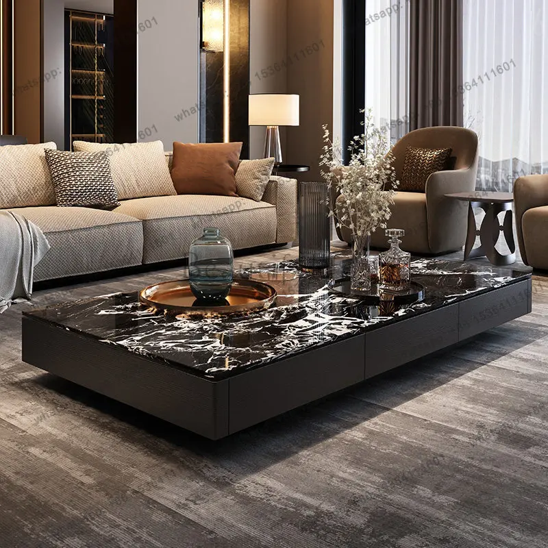 Black oak natural luxury stone coffee table household solid wood antique low table designer multi-functional