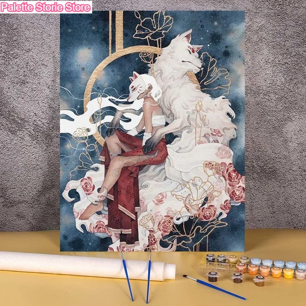 

(Бесплатная)Акстрактная картина по номерам Лиса Женщина Рисунок на холсте Ручная роспись Акриловая картина по номерам Наборы Домашний декор для Li