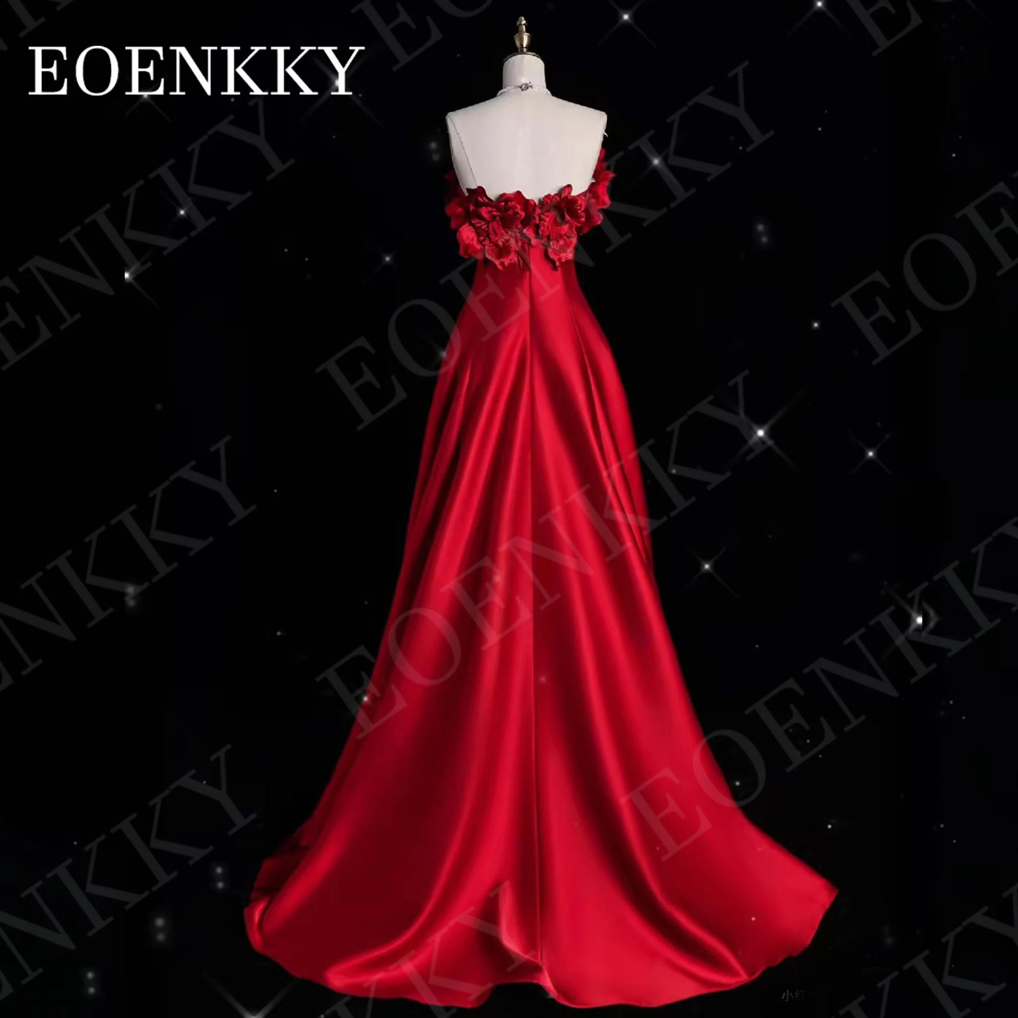 EOENKKY Burgundy A Line Prom Dresses 3D Floral Exquisite Satin Strapless Ceremony Dress Sleeveless Party Woman Customized 이브닝드레스