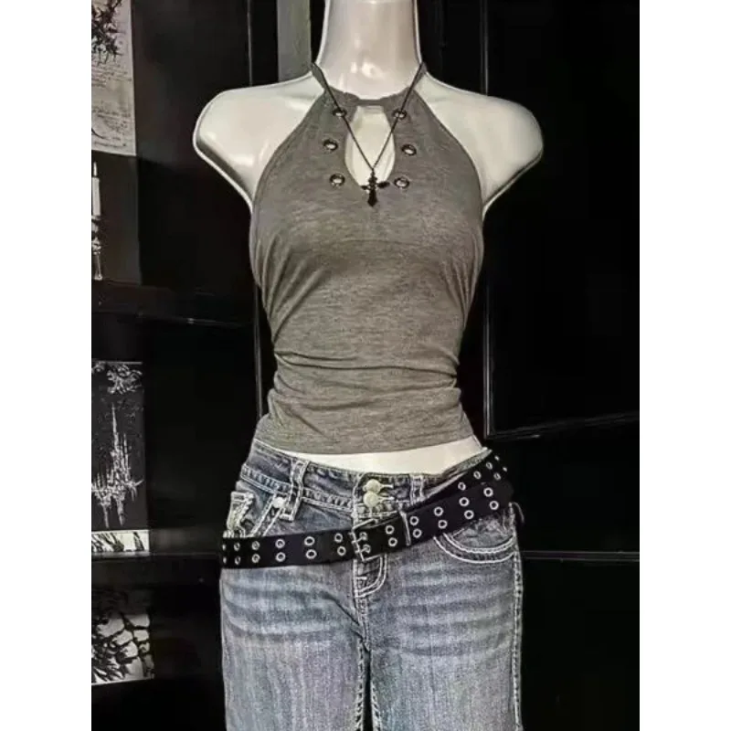 تي شيرت حريمي Y2K صيفي عتيق غير رسمي هاراجوكو حلو حار بدون أكمام جمالي بقصة ضيقة قطع علوية قصيرة 2000s ملابس بديلة