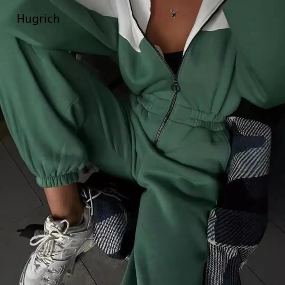 Ladies Color Block Zip Up Tracksuit Jumpsuit Elastic Waist Cuff Streetwear Sports Onesie