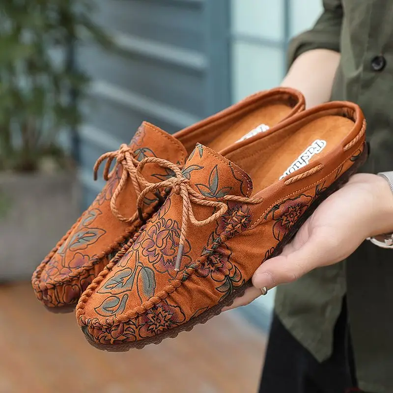 Men's Fashion Soft Leather Driving Moccasins Summer Breathable Half Slippers Backless Slip on Loafers Comfortable Casual Shoes