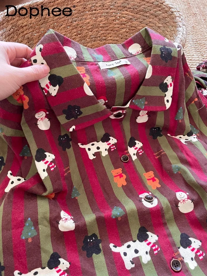 

2025 New Christmas Cartoon Striped Cotton Brushed Home Wear Set Autumn Winter Soft Comfortable Wearable Long Sleeve Pajamas