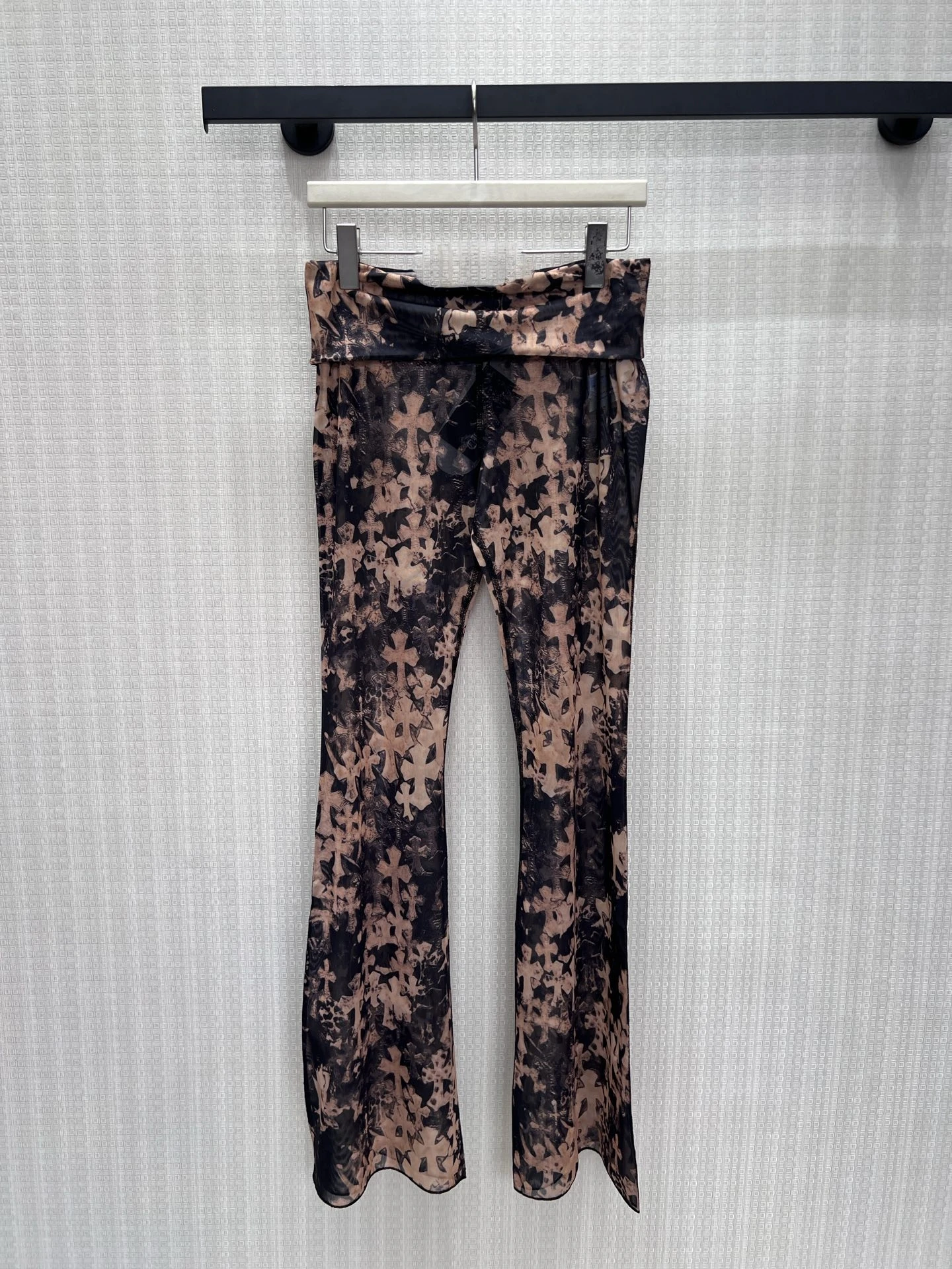 Fashionable High-Waist Slimming Cross Print Mesh Bell Bottoms for Women Stylish Tummy Control Casual High Waist Pants
