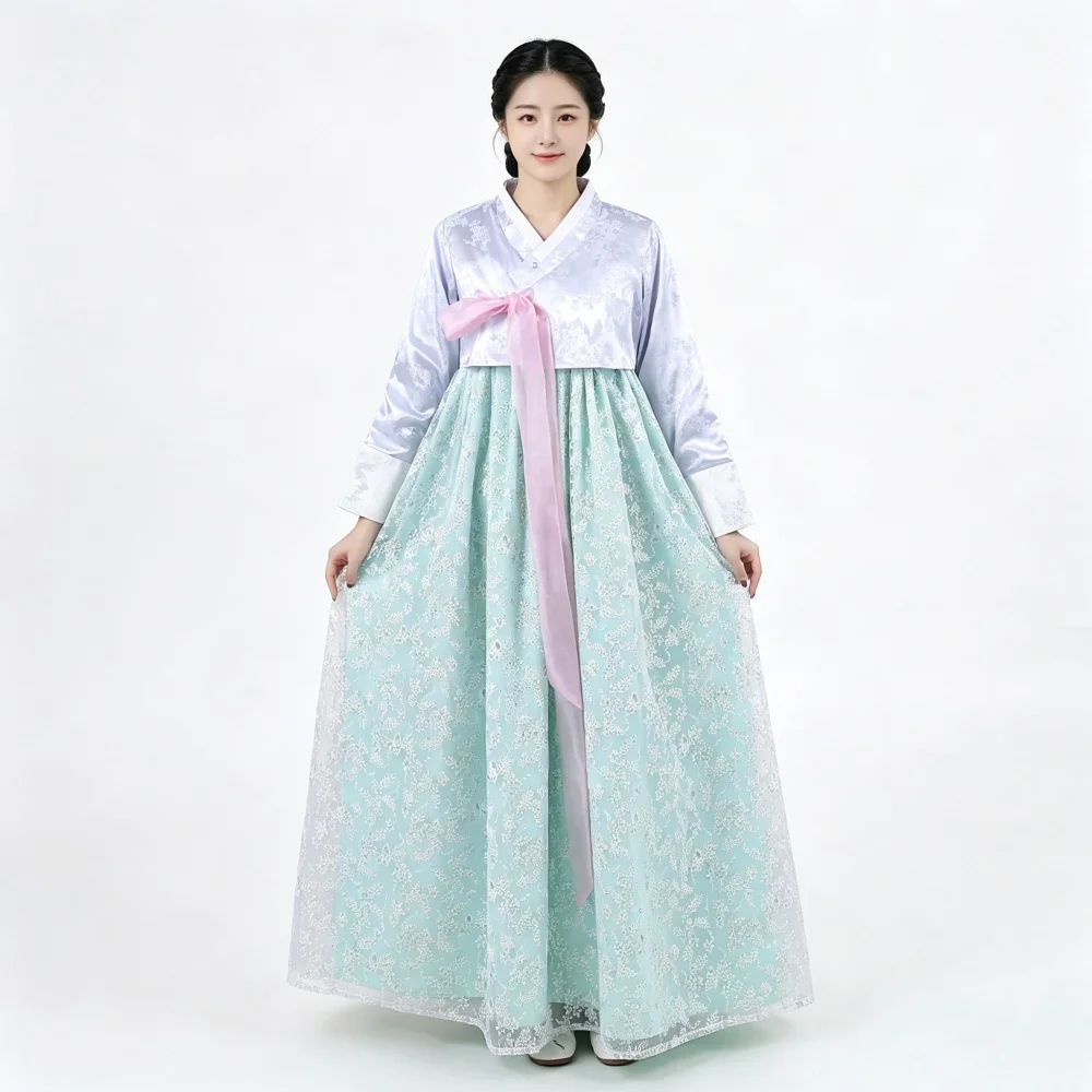 Elegant Ladies Hanbok Korean Traditional Clothing Satin Lace Maxi Dress For Festival Photo Shoot Stage Show