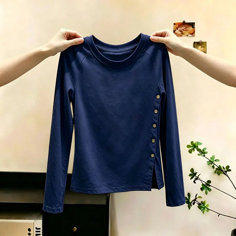 Irregular Side Button Long Sleeved T-Shirt Round Neck Slim Fit Slit Top Solid Color Fashion Versatile Autumn New Women's Top