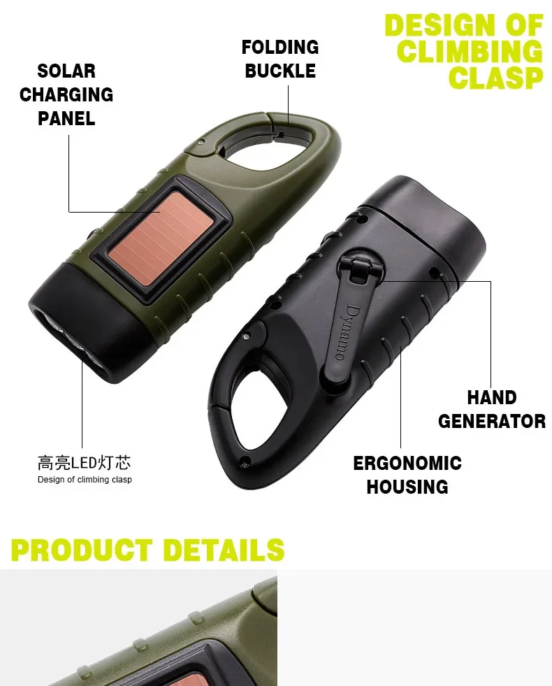 Tragbare LED-Taschenlampe, Zeltleuchte, Handkurbel-Dynamo, Solar-Taschenlampe für Outdoor-Camping, Wandern, Notfall-Laterne mit großer Reichweite – Detail 5