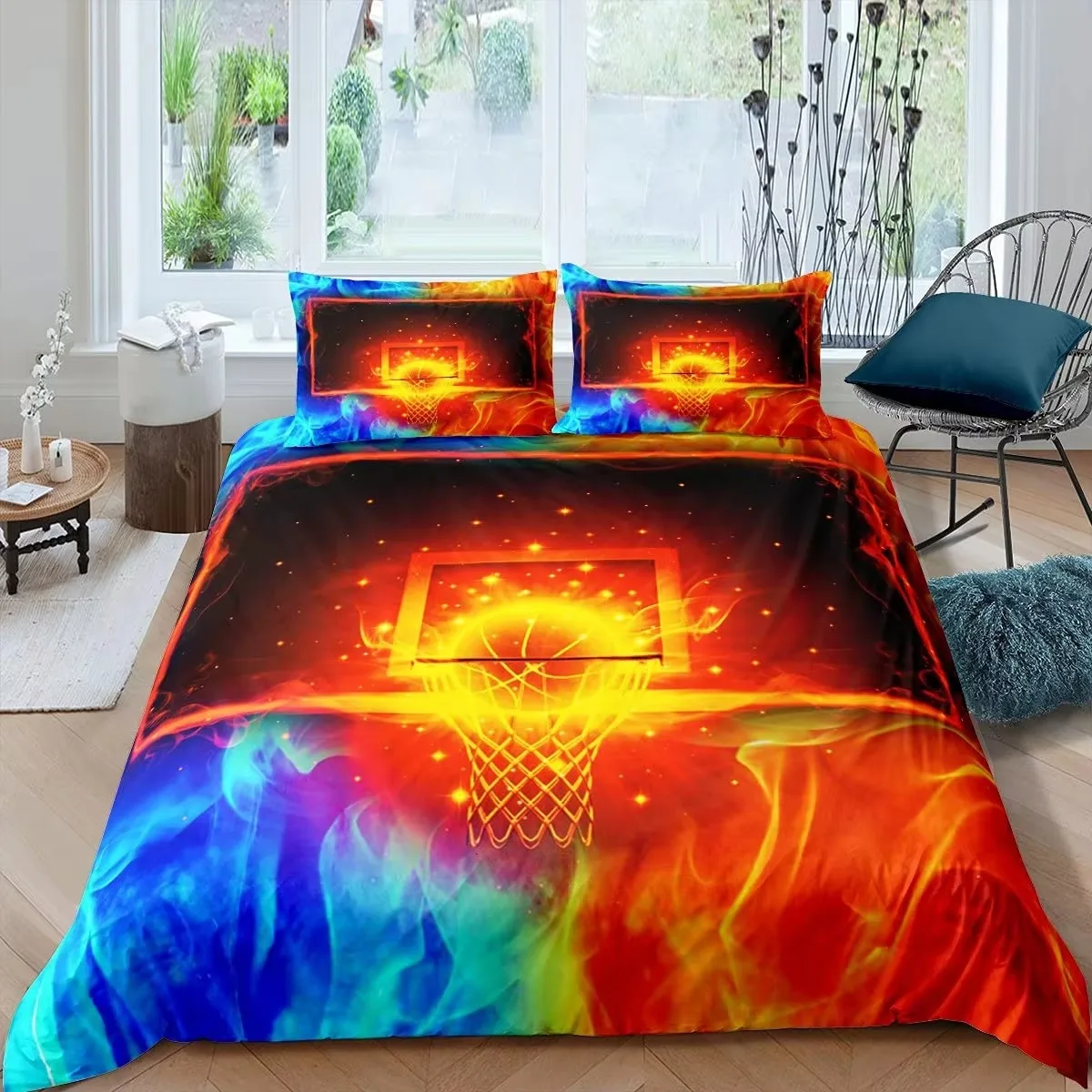 Basketball Duvet Cover Set Black 3D Ball Sports Theme Bedding Set Basketball Court Competitive Games King Quilt Cover