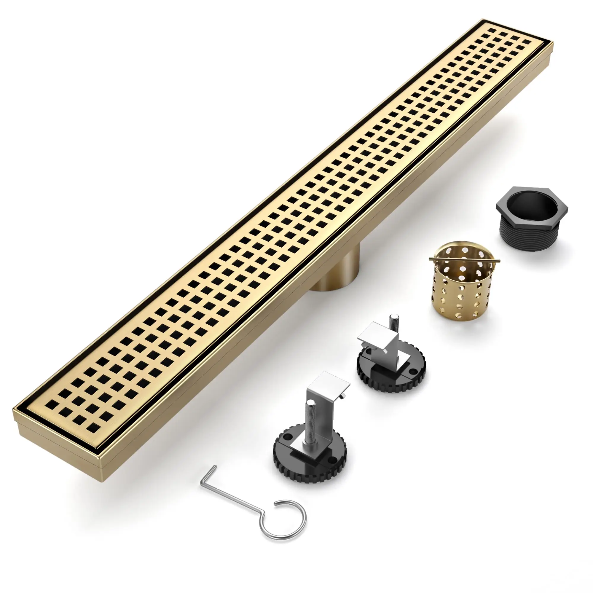 

24 Inch Brushed Stainless Steel Linear Shower Drain With Quadrato Grate And Hair Strainer