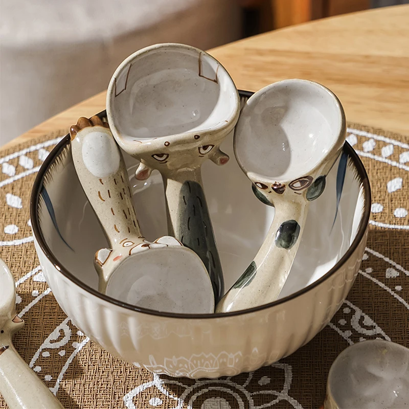 النمط الياباني ملعقة شوربة السيراميك الإبداعية اليدوية الخام الفخار أدوات المائدة لطيف الحيوان كونجي ملاعق الآيس كريم مغرفة حساء صغيرة #5