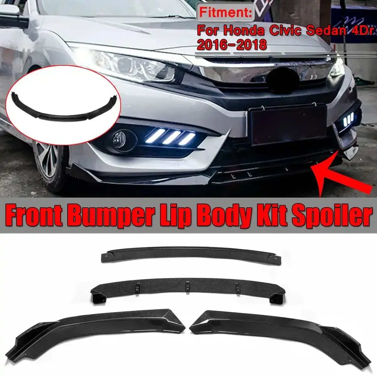 

4pcs New Car Front Bumper Lip Splitter Diffuser Lip Body Kit Spoiler Bumpers Protector For Civic Sedan 4Dr 2016-2018 For Honda