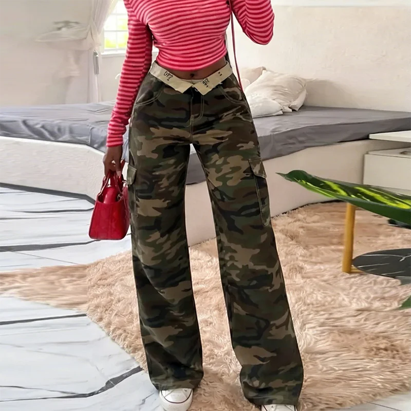 

Новые женские камуфляжные джинсы-карго Y2K с отложным механизмом и высокой талией, повседневные широкие джинсовые брюки, осенние модные универсальные рабочие джинсы