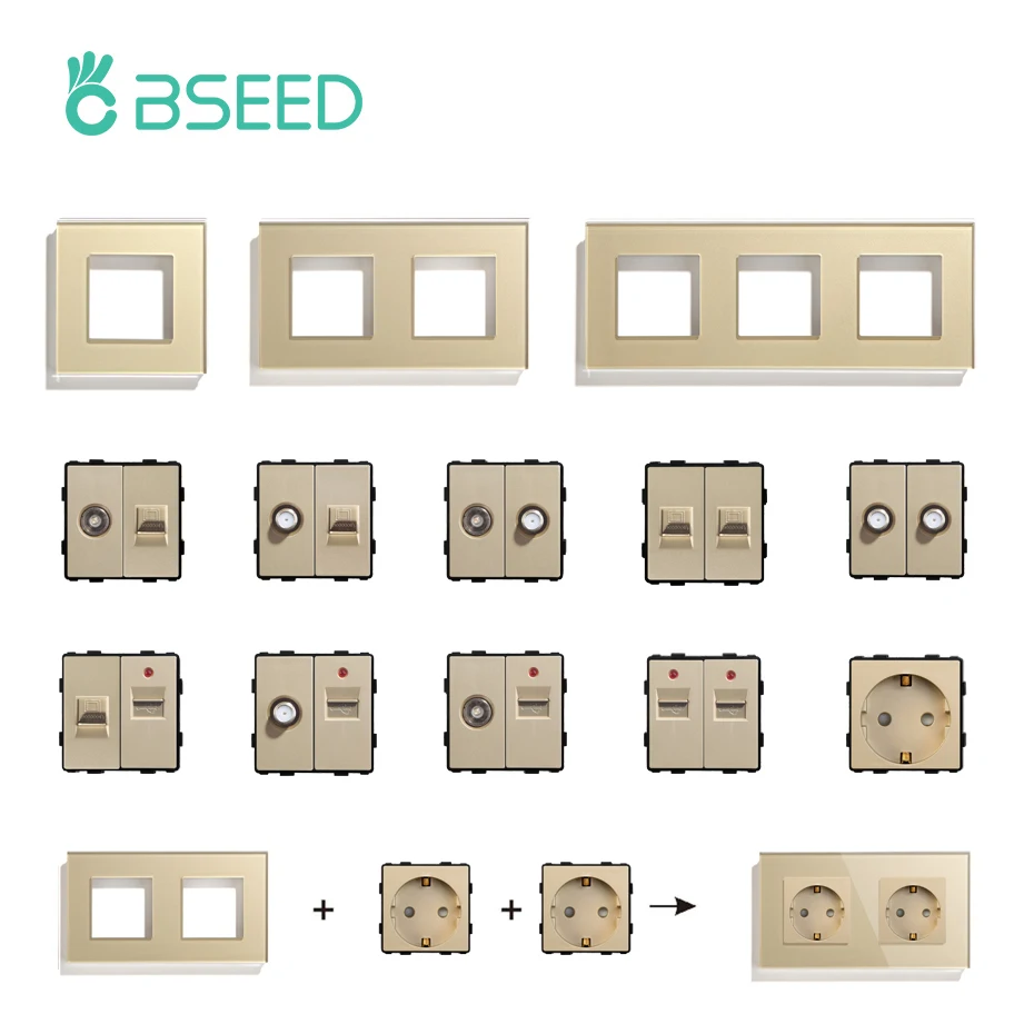 BSEED EU Glass Panel and PC CAT5 Internet USB Sockets Gold Function Part EU CAT5 TV Sockets ST Power Outlet DIY Free Combination