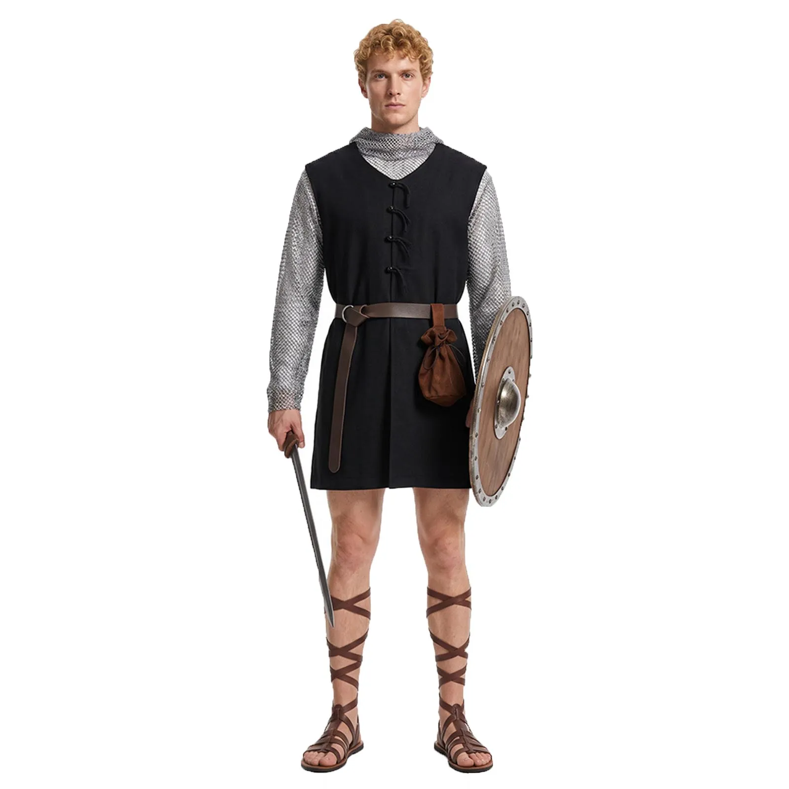 Men Medieval Knight  Black Chainmail Mesh Tunic with Belt Halloween Warrior Cosplay Costume