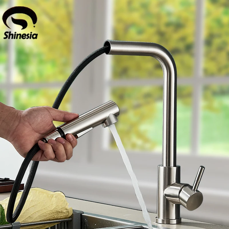 Shinesia Kitchen Faucets Stainless Steel Gourmet Kitchen Mixer Tap Pull Out Hot&Cold Water Black/Brushed Nickel