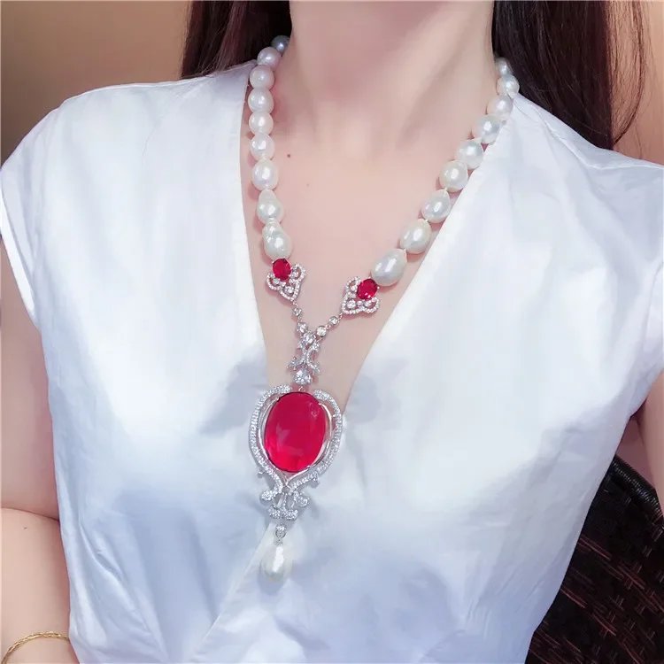 

Hand knotted natural white freshwater pearl red zircon micro inlay zircon accessories necklace fashion jewelry