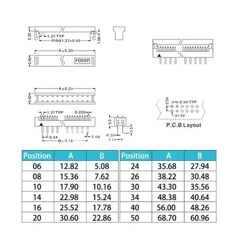 10 Stück FD Crimp-Steckverbinder, Lötplatten-Typ, Flachbandstecker 2,54 mm FD-6/8/10/14/16/20/26/40P – Detail 1