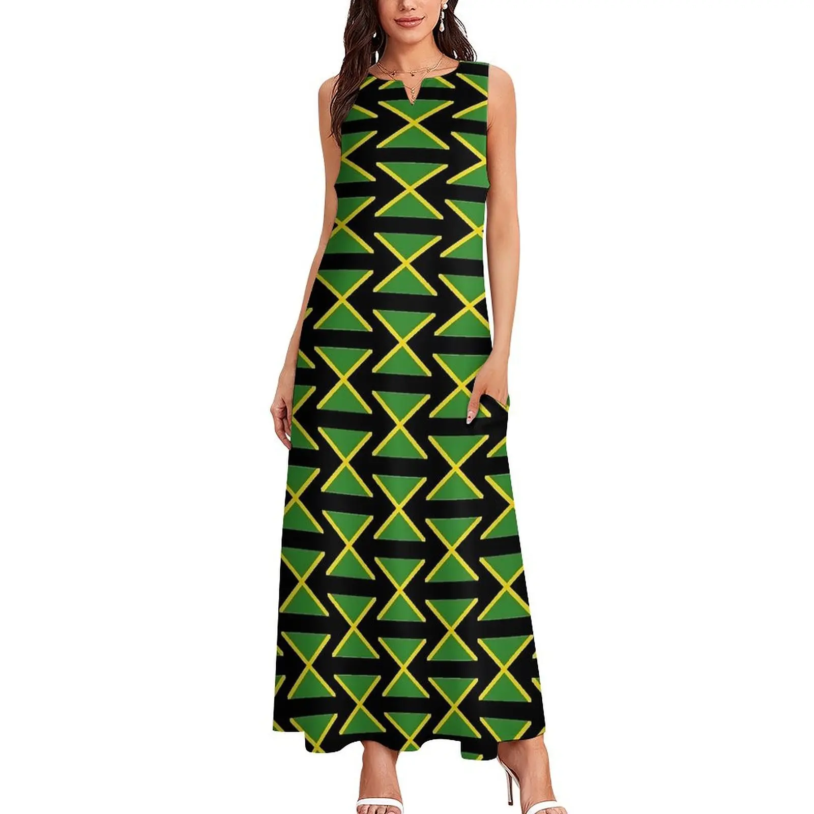 Jamaican Flag Dress XBlack Green Yellow Beach Maxi Dress V Neck Printed Bohemia Long Dresses Street Style Oversized Vestido