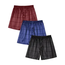 3pcs Men's Satin Check Antibacterial Underwear, Casual Solid Boxer Briefs Shorts, Breathable Comfy Stretchy Home bottoms Boxer