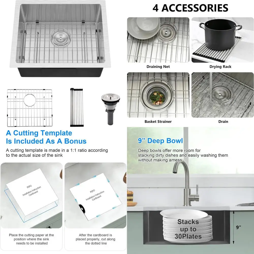 

Stainless Steel Undermount Single Bowl Kitchen Sink, 23x18 Inch, 16 Gauge, High-End Handmade, Small Size for Modern Kitchens