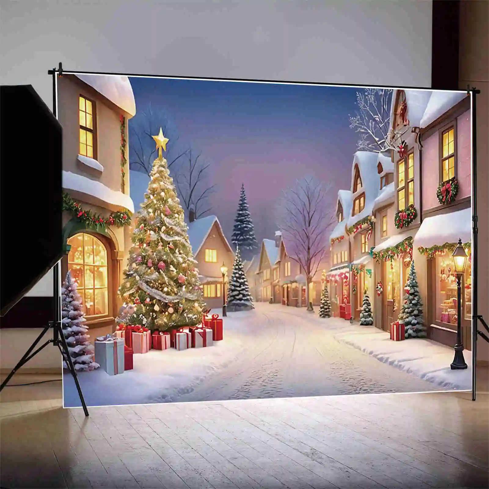 MOON.QG 2024 Merry Christmas Village Backdrop Trees Gifts 2025 New Year Decoration Photography Background Photozone Studio Props