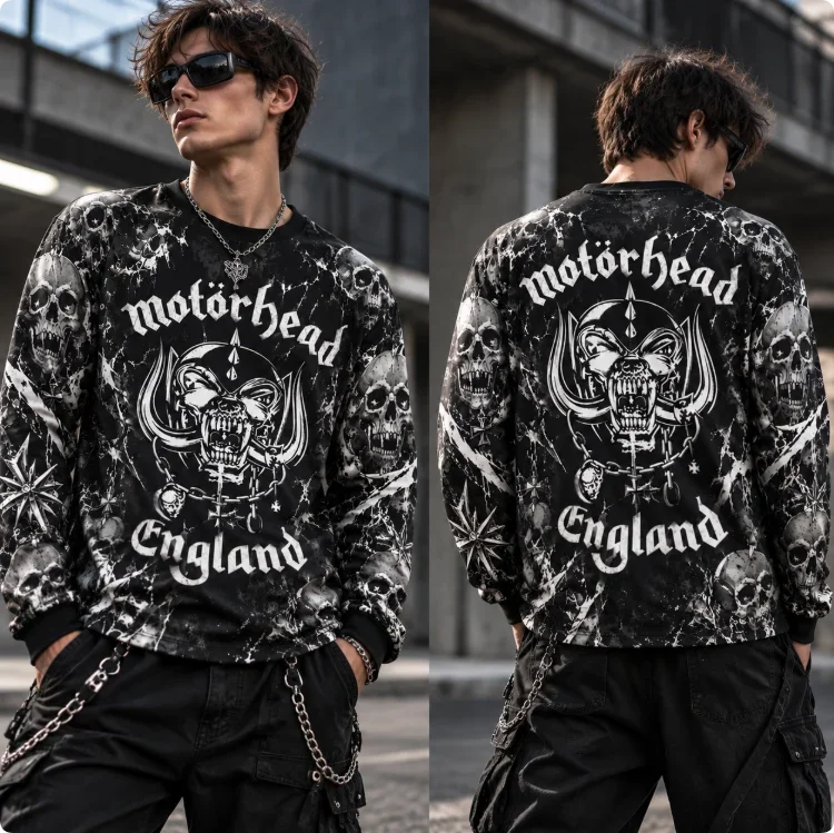 2026 New Motorhead Warpig England All Over Print Long Sleeve T-shirt Black Marble Skull Pattern Heavy Metal Rock Crewneck Tee