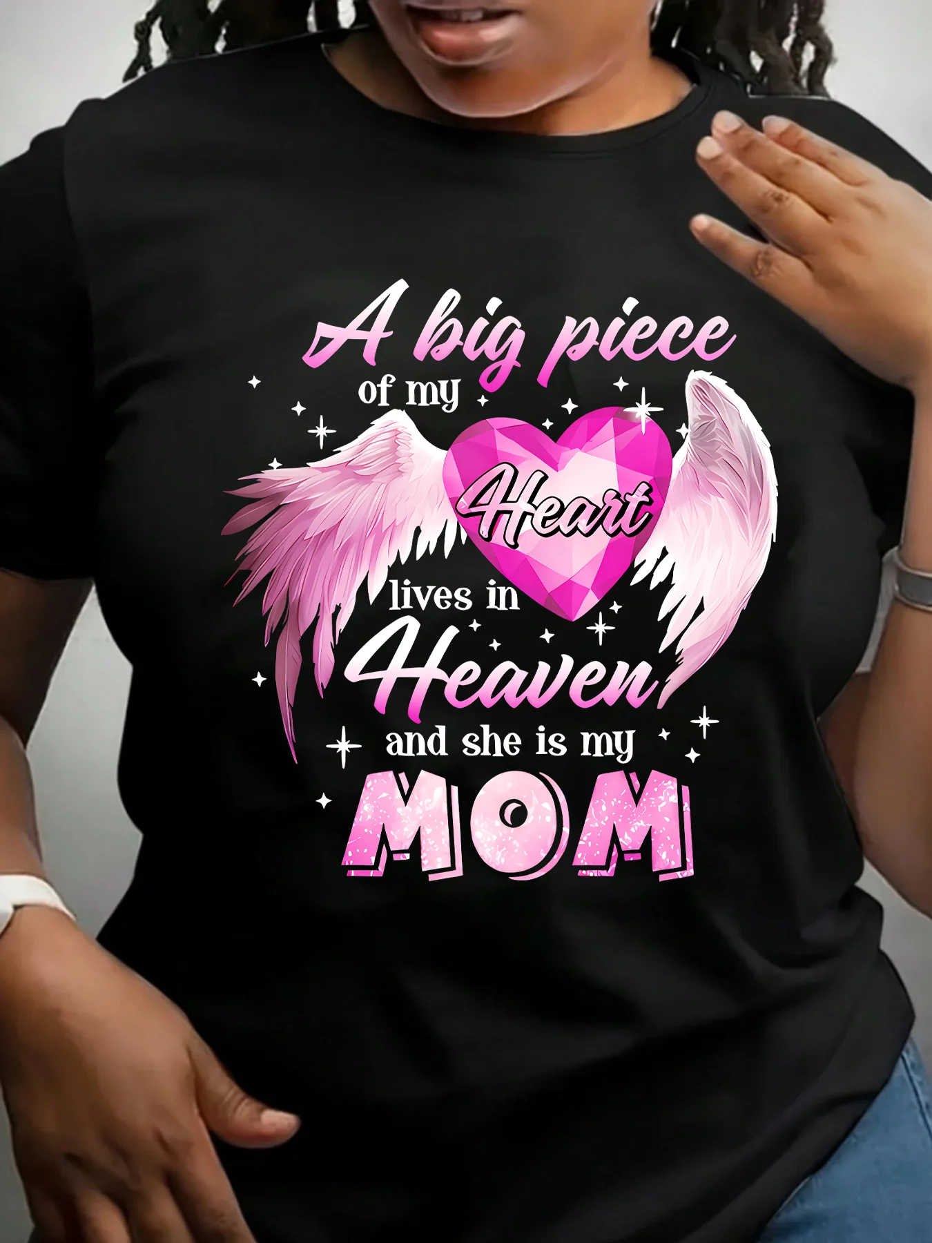 

Love with wings Plus size women's round neck short sleeve T-shirt with elastic half sleeves and trendy prints