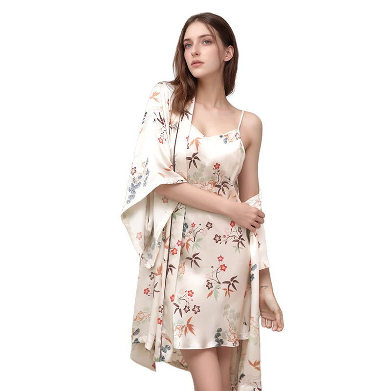 Winsleter-16MM 100% seda auténtica elegante conjunto de bata de noche, estampado Floral, bata de dormir Sexy para mujer, vestido con tirantes, otoño 2025 S5O865CC