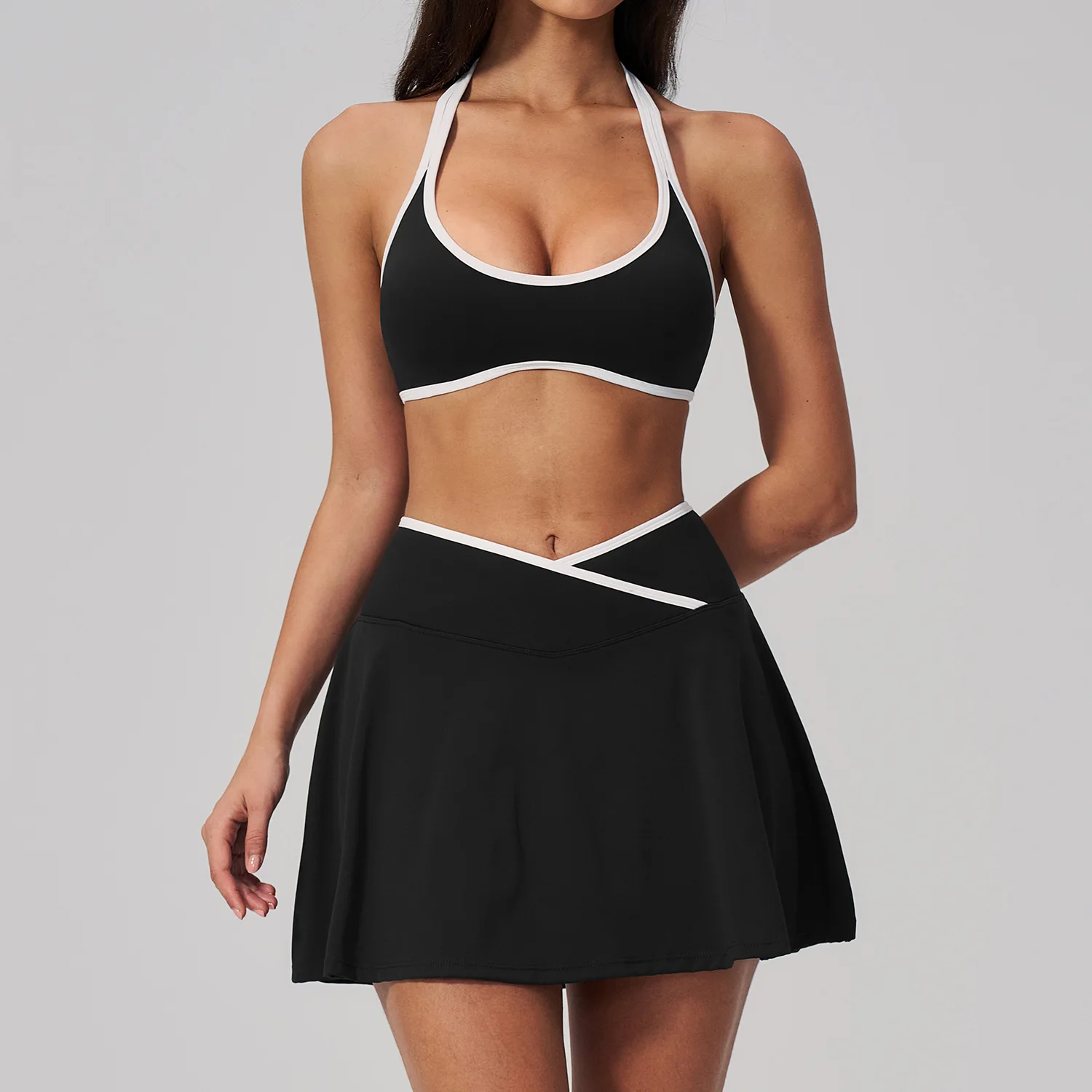 Women 2 Pcs Tennis Outfit Halter Sports Bra High Waist Skirt Sets Contrast Trim Yoga  Workout Activewear with Built-in Shorts