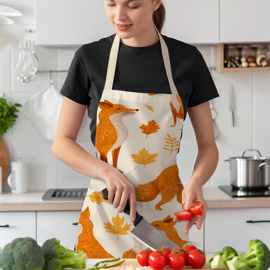 Cute Fox & Maple Leaf Pattern Polyester Apron - Stylist Cooking Baking Apron for Home, Art Studio & Daily Use