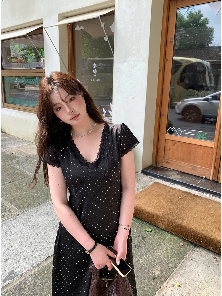 

Черная кружевная юбка миди с V-образным вырезом в горошек, больших размеров, утягивающая, длинная, для повседневной носки, с высокой талией, из полиэфирного волокна