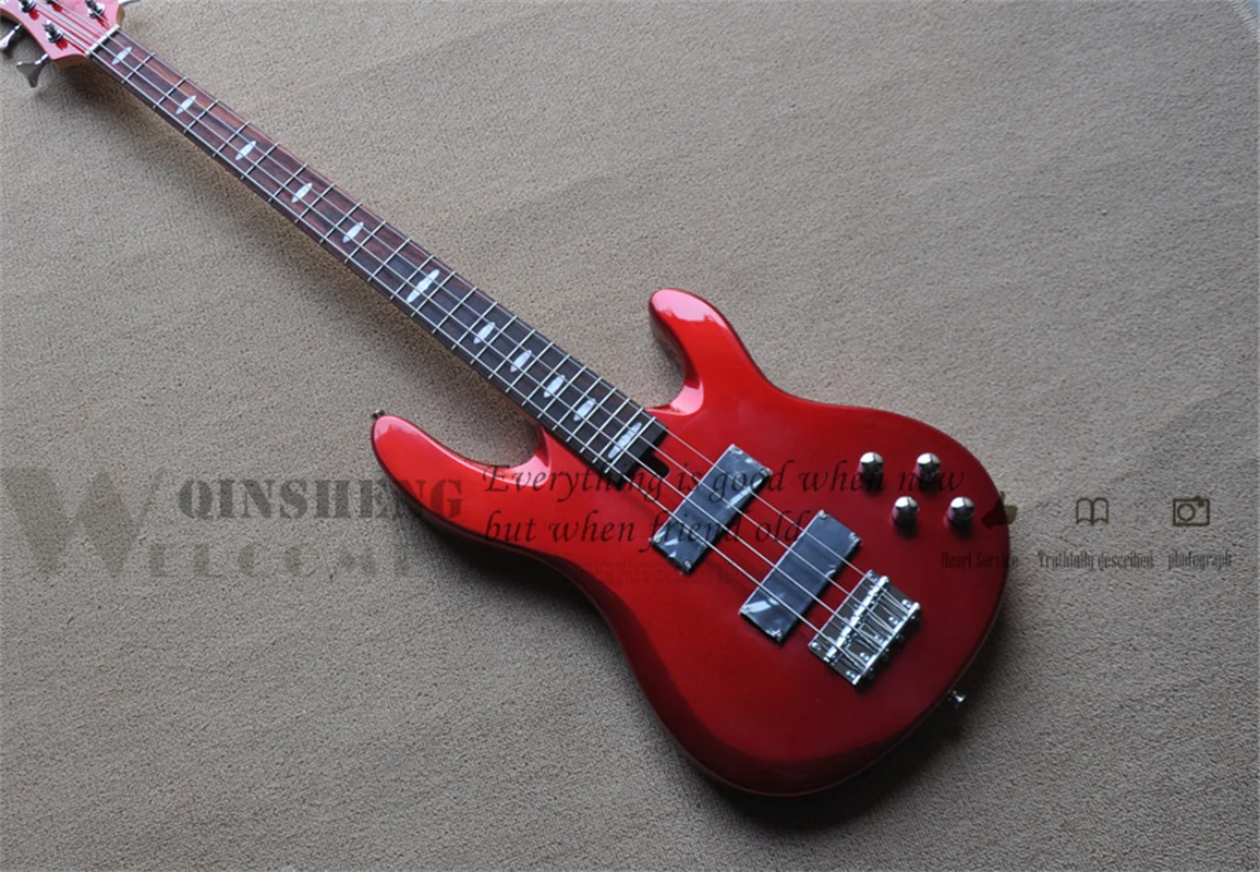 

4 Strings Electric Guitar Bass, Metal Red Bass,5 Pieces Wood Neck,Active Battery