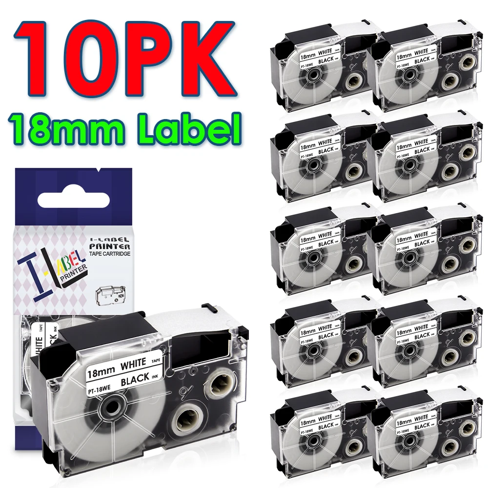 

10Pcs XR18WE Replace For Casio Label Tape XR-18WE XR-18X XR-18RD XR-18YW XR-18BU for Casio KL-120 KL-780 130 820 Label Printer