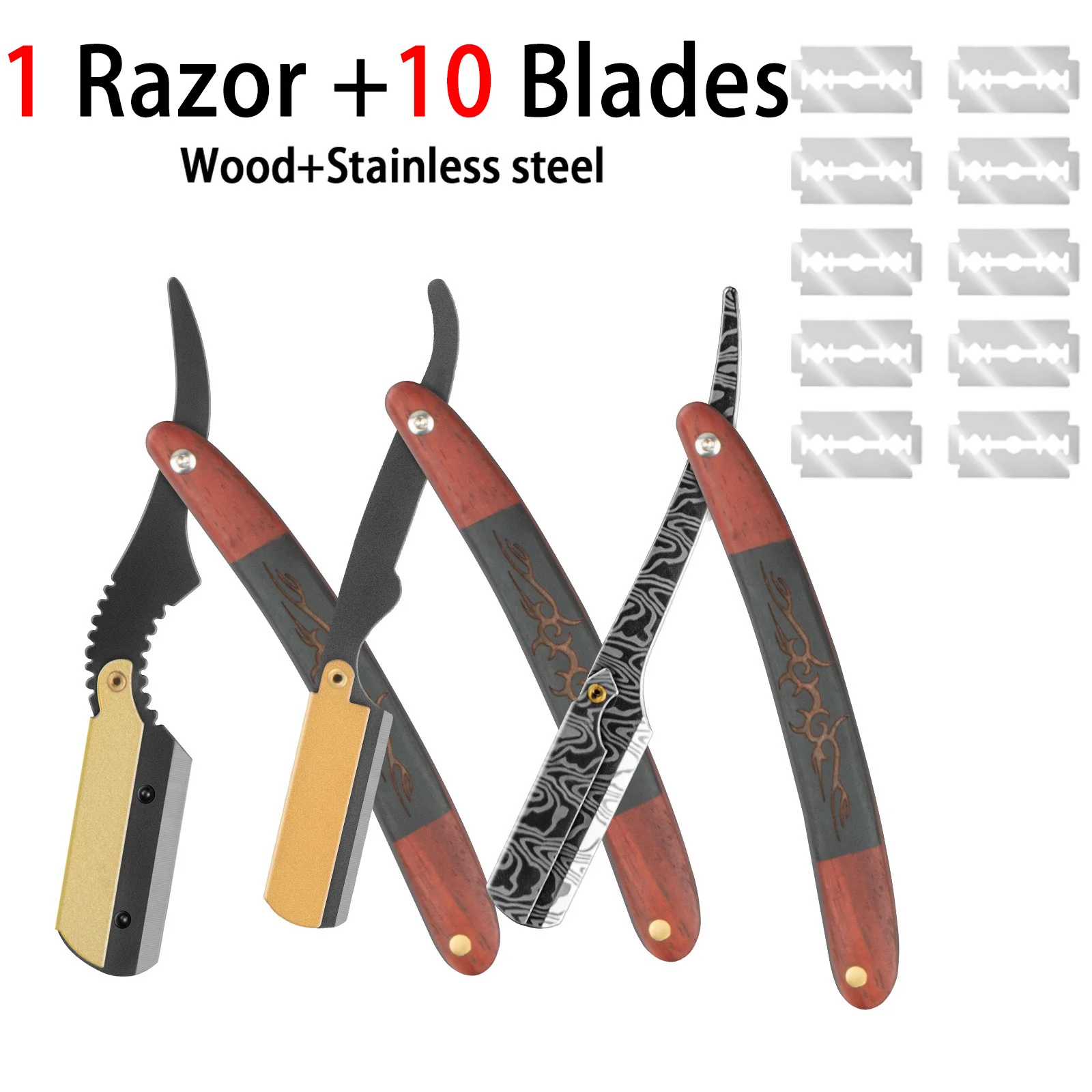 

Vintage Wood Handle Barber Razor Folding Straight Razor Professional Hair Shaving Beard Grooming Razor With 10Pcs Blades For Men