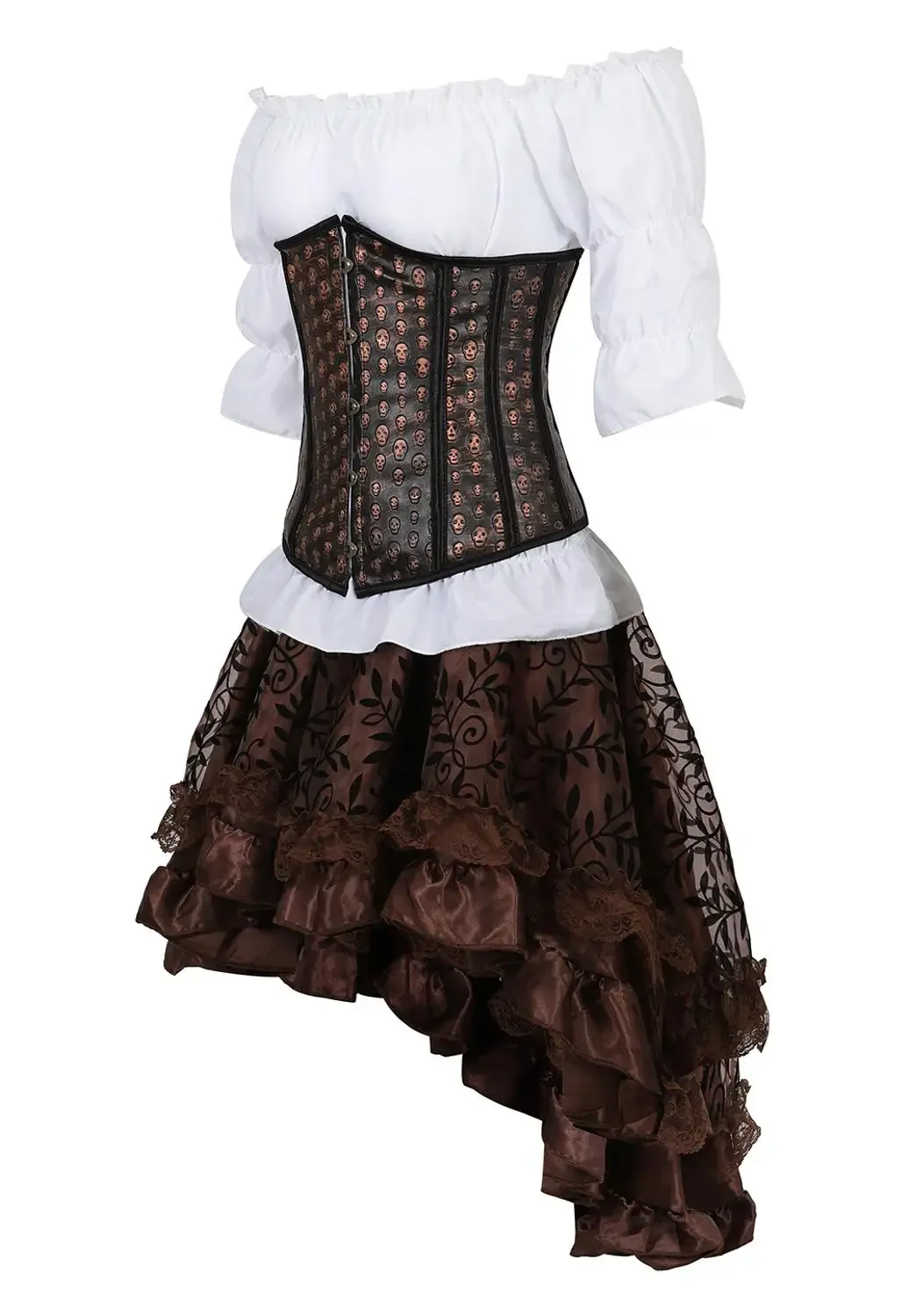 Women Corset Skirt Blouse Suit Leather Bustiers Outfits Steampunk Skull Underbust Skirts Shirt Set Carnival Party Costumes