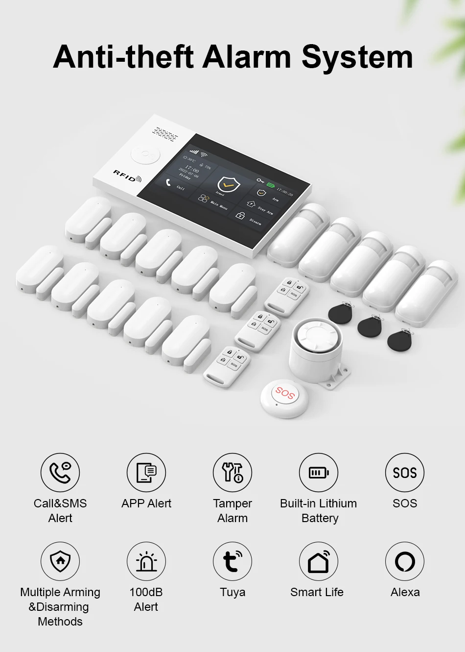 PGST WiFi 4G GSM Alarm System Works with TUYA Smart Life for Home Security with PIR Wireless Solar Siren Works with Aleax
