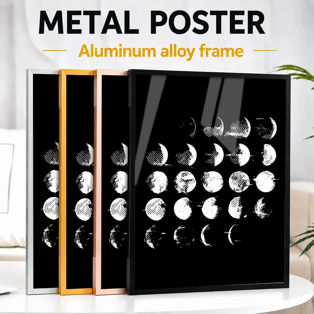 Moon Phases Framed Metal Print Personalized Monochrome Design Wall Art For Home Office And Living Room, Astronomy Lover Gift