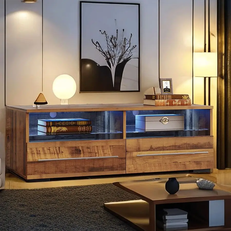 

LED Stand for Up to 43 Inch TVs with Adjustable Colors and Modes, Mid Century Entertainment Center with 2 Storage Drawers and 2