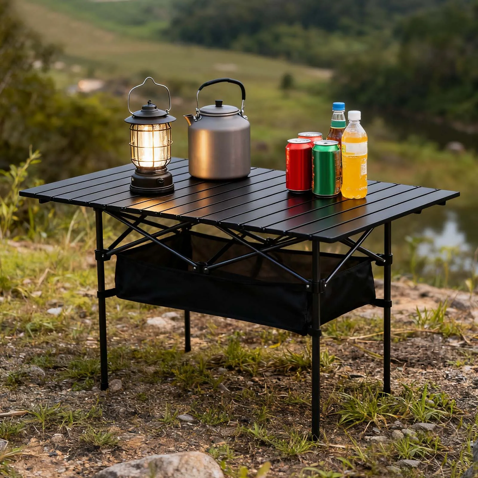 Mesa de camping plegable para exteriores, utilizada para viajes de picnic, viene con bolsa de malla para almacenar artículos pequeños, escritorio largo con rollo de huevos fácil de instalar