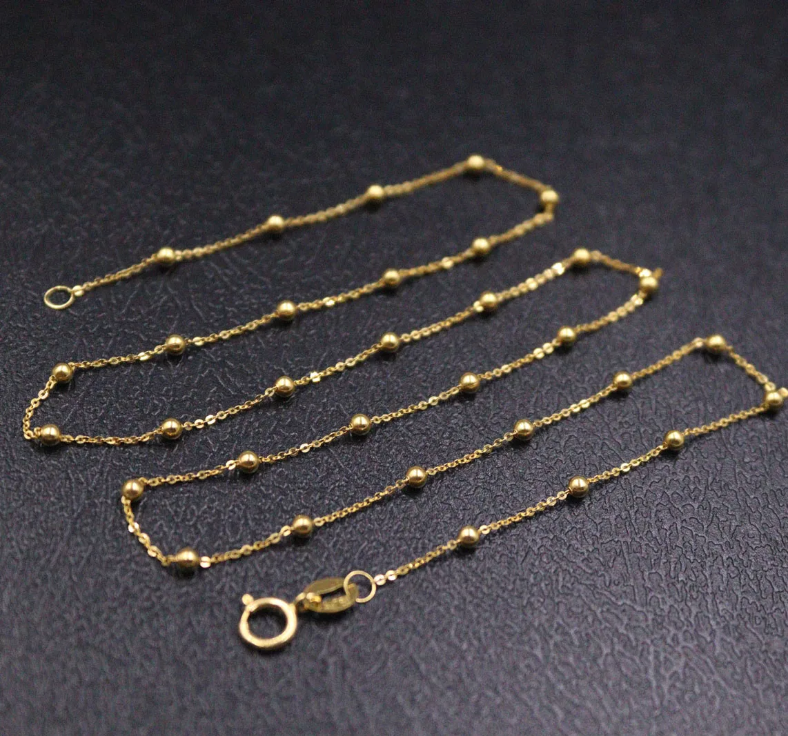 Real 18K Yellow Gold Necklace For Women 2mm Polish Bead Chain Rolo Link 16inchL