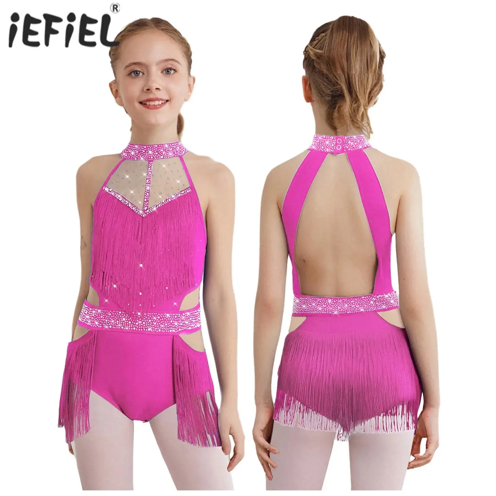 

Детский гимнастический костюм для латинских танцев для девочек, костюм с блестящими стразами и кисточками, трико для танго, боди сзади, прозрачные сетчатые боди