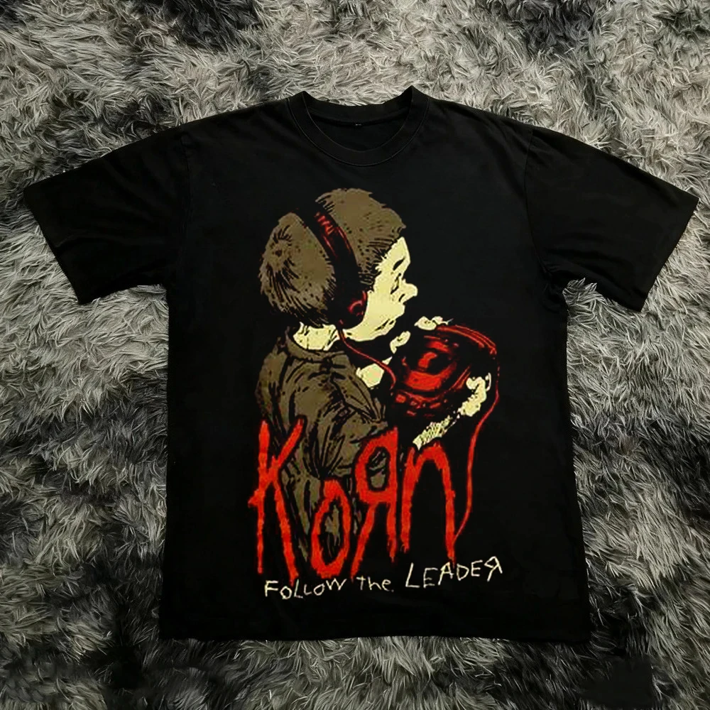 Korn Follow The Leader Cotton Printed T-Shirt Double-Sided Metal Band Tee Men's and Women's Oversize Couple Tee Tops
