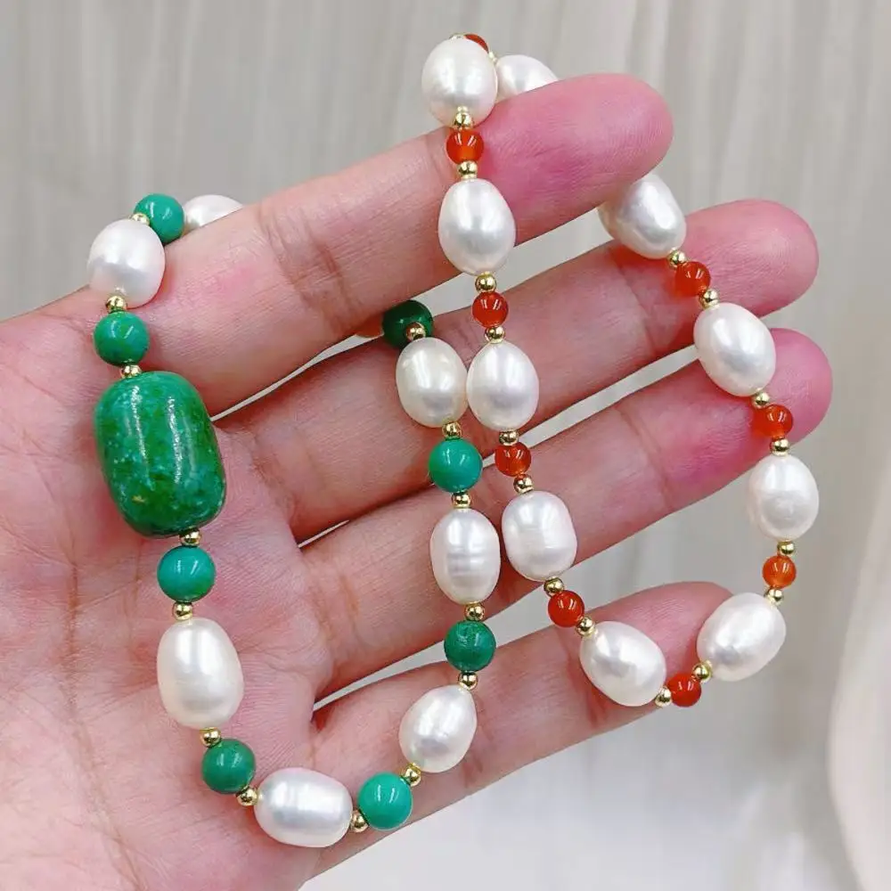 New  Fashion Red Aagte Green Turquoise Rice Natural Freshwater Pearl Elastic Woman Bracelet 7.5inch