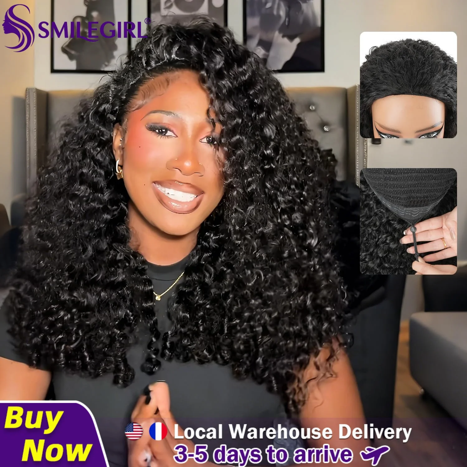 Smilegirl Demi-perruque bouclée birmane densité 220, cheveux humains, sans colle, avec cordon de serrage, 3 en 1, demi-perruque à clips sans couture, boucles dominicaines, postiche bouclé birman naturel, boucles naturelles rebondissantes pour femmes