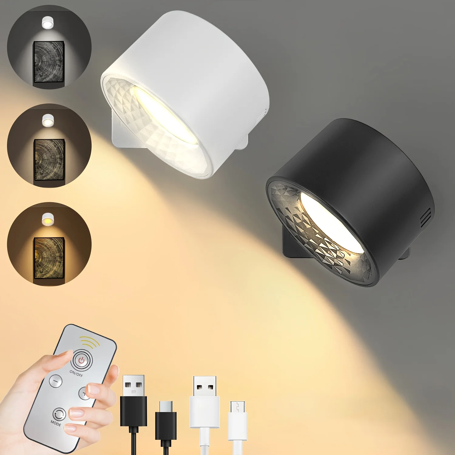 

LED Wall Lamp with Remote Control,USB Rechargeable Wall Sconce,Three Color Temperature Dimmable Spotlight 360° Night Light