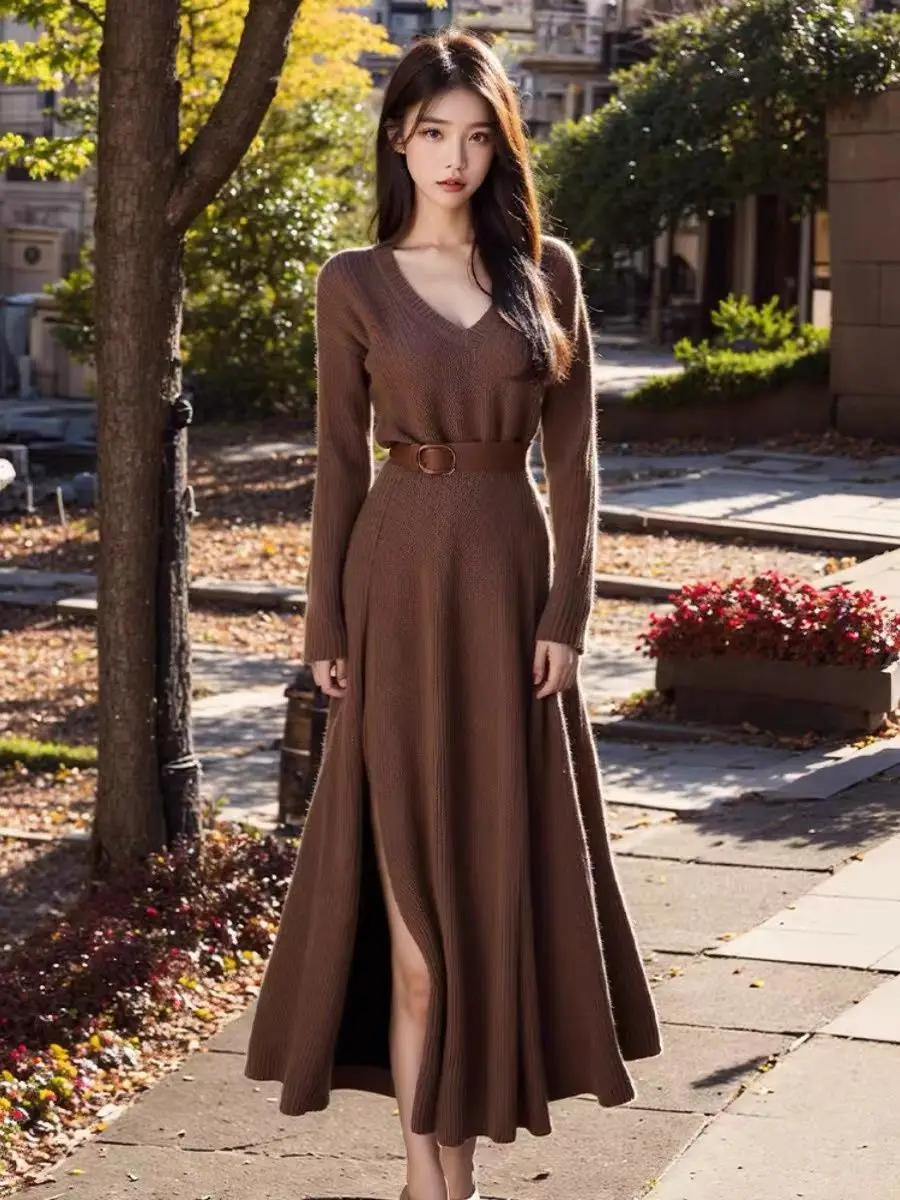 2024 Autumn New High-end Slim Fit Long Brown Sweater Dress for Women Autumn/Winter New Elegant V-neck Knitted Dress for Women