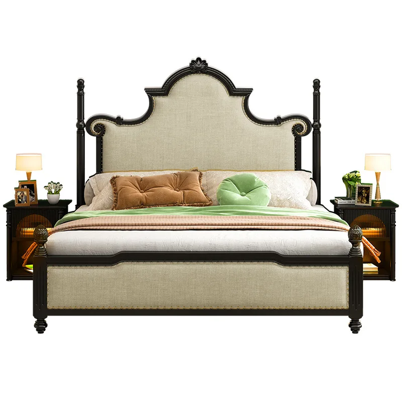 French retro black solid wood bed, American high column carved Roman column, light luxury big bed soft bed
